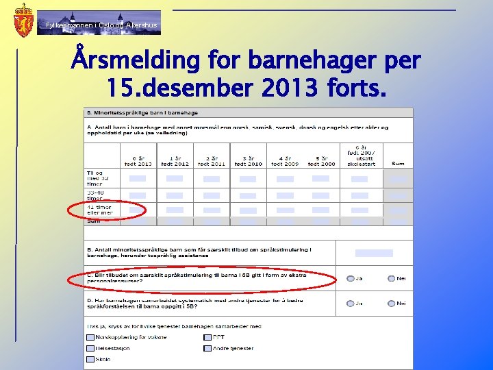 Fylkesmannen i Oslo og Akershus Årsmelding for barnehager per 15. desember 2013 forts. 