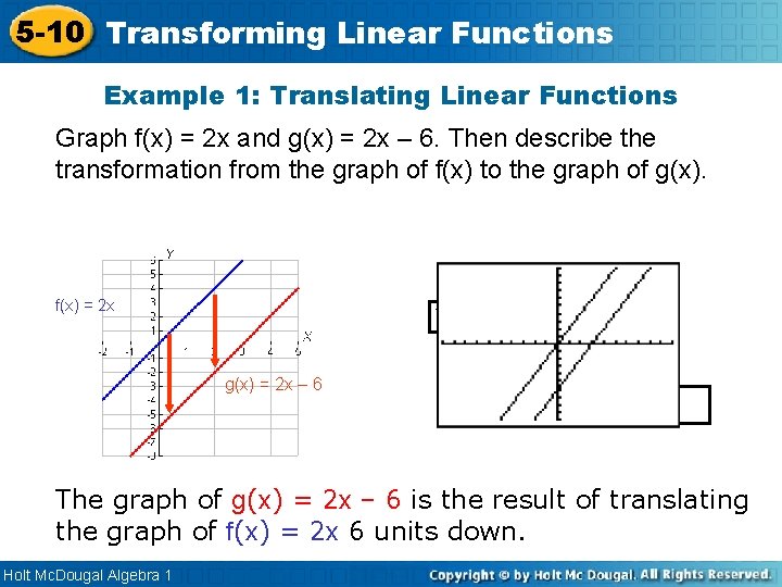 5 -10 Transforming Linear Functions Example 1: Translating Linear Functions Graph f(x) = 2 5 -10 Transforming Linear Functions Example 1: Translating Linear Functions Graph f(x) = 2