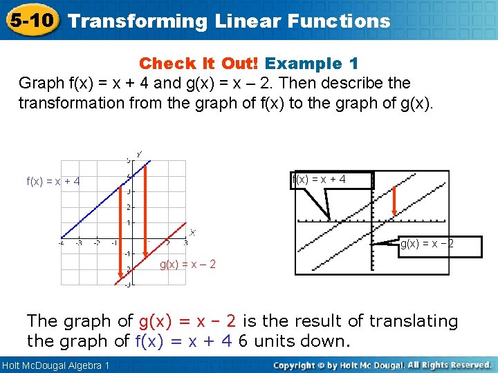 5 -10 Transforming Linear Functions Check It Out! Example 1 Graph f(x) = x 5 -10 Transforming Linear Functions Check It Out! Example 1 Graph f(x) = x