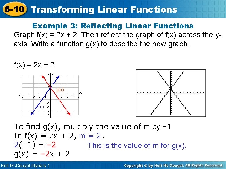 5 -10 Transforming Linear Functions Example 3: Reflecting Linear Functions Graph f(x) = 2 5 -10 Transforming Linear Functions Example 3: Reflecting Linear Functions Graph f(x) = 2
