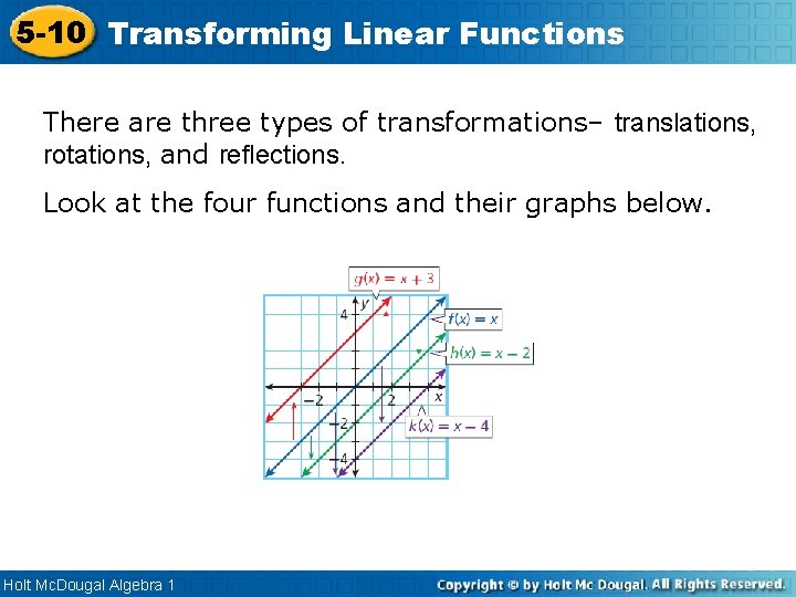 5 -10 Transforming Linear Functions There are three types of transformations– translations, rotations, and 5 -10 Transforming Linear Functions There are three types of transformations– translations, rotations, and