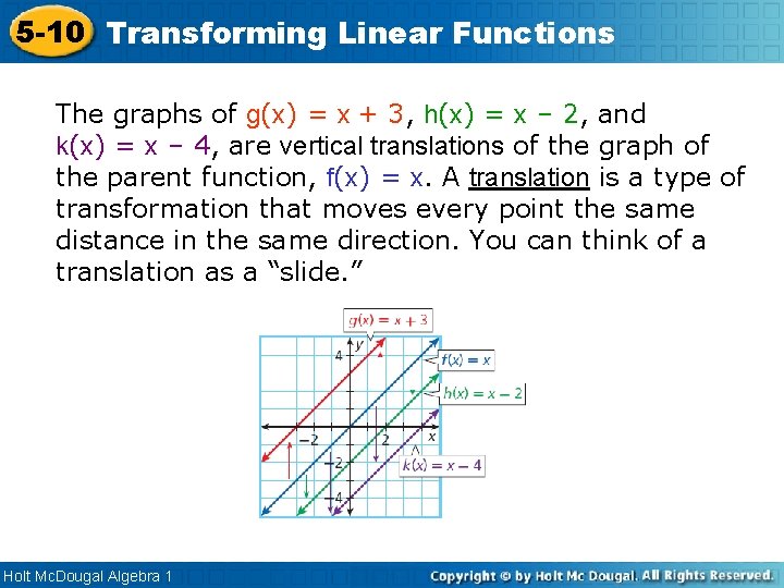 5 -10 Transforming Linear Functions The graphs of g(x) = x + 3, h(x) 5 -10 Transforming Linear Functions The graphs of g(x) = x + 3, h(x)