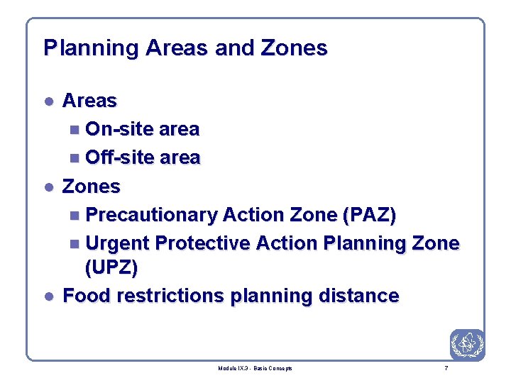 Planning Areas and Zones l l l Areas n On-site area n Off-site area