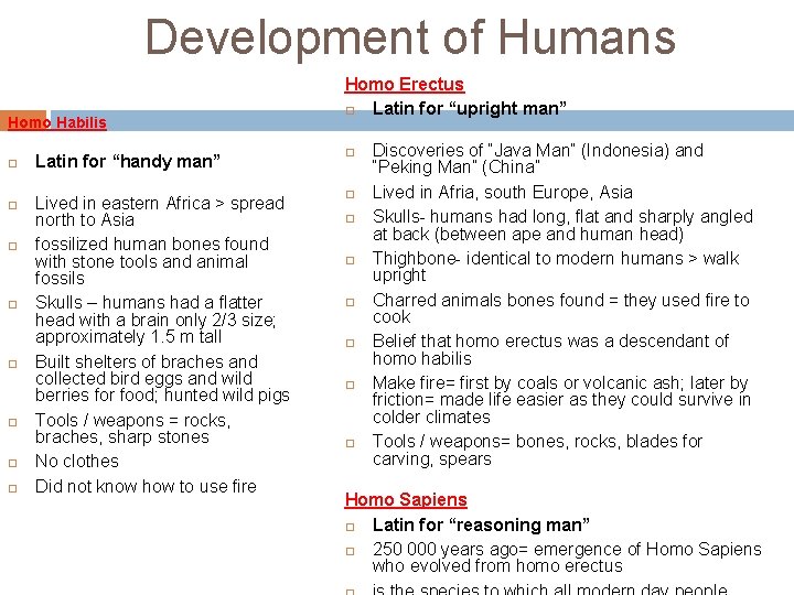 Development of Humans Homo Habilis Homo Erectus Latin for “upright man” Latin for “handy