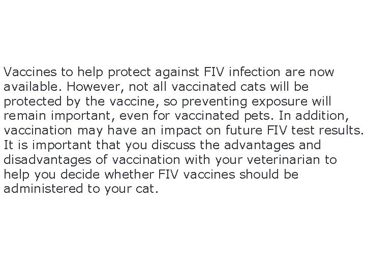 Vaccines to help protect against FIV infection are now available. However, not all vaccinated