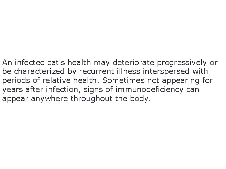 An infected cat's health may deteriorate progressively or be characterized by recurrent illness interspersed