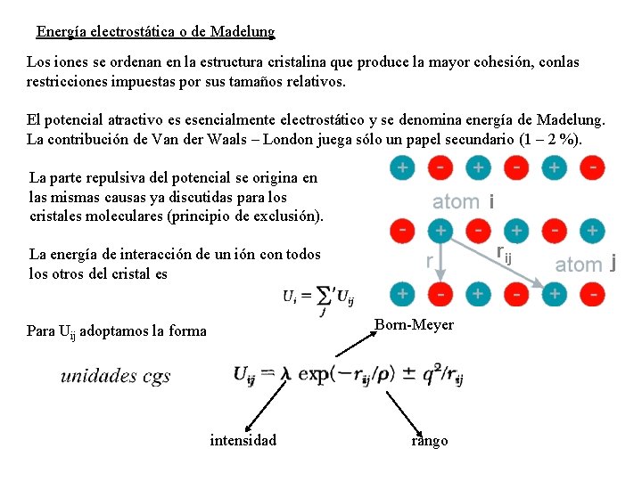 Energía electrostática o de Madelung Los iones se ordenan en la estructura cristalina que