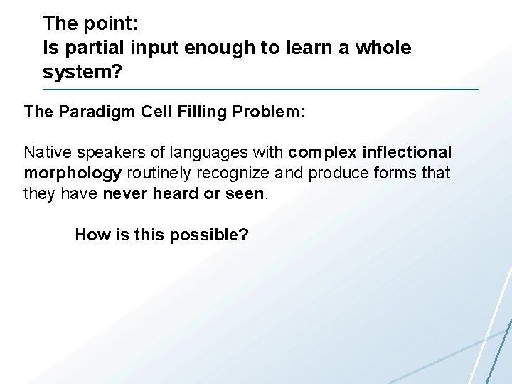 The point: Is partial input enough to learn a whole system? The Paradigm Cell