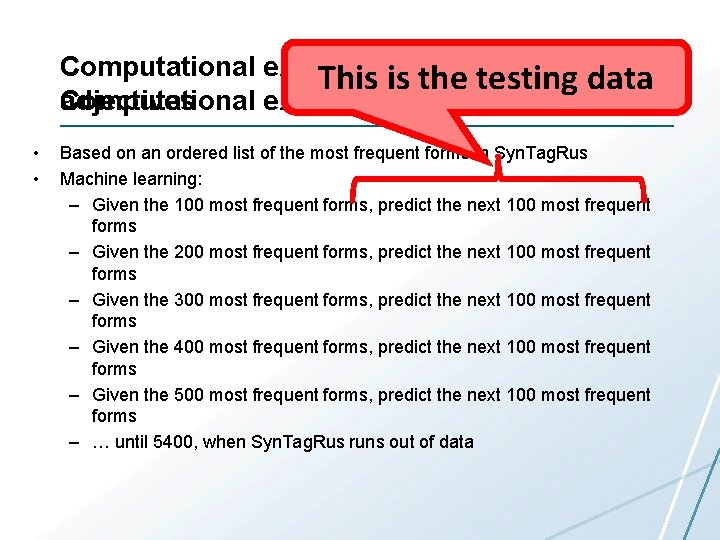 Computational experiment: nouns, verbs, This is the testing data Computational experiment adjectives • •