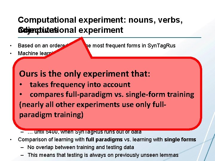 Computational experiment: nouns, verbs, Computational experiment adjectives • • Based on an ordered list