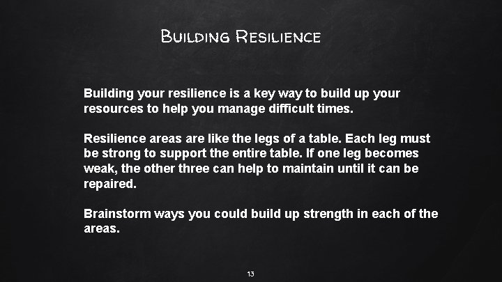 Building Resilience Building your resilience is a key way to build up your resources