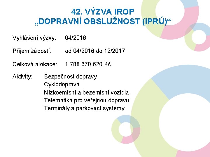 42. VÝZVA IROP „DOPRAVNÍ OBSLUŽNOST (IPRÚ)“ Vyhlášení výzvy: 04/2016 Příjem žádostí: od 04/2016 do