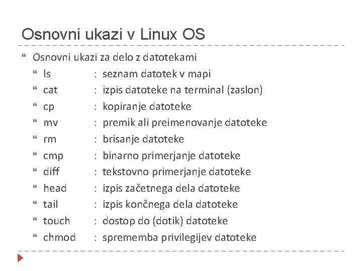 Osnovni ukazi v Linux OS Osnovni ukazi za delo z datotekami ls : seznam