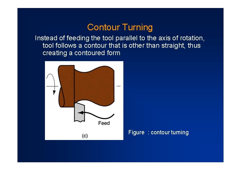 Contour Turning Instead of feeding the tool parallel to the axis of rotation, tool