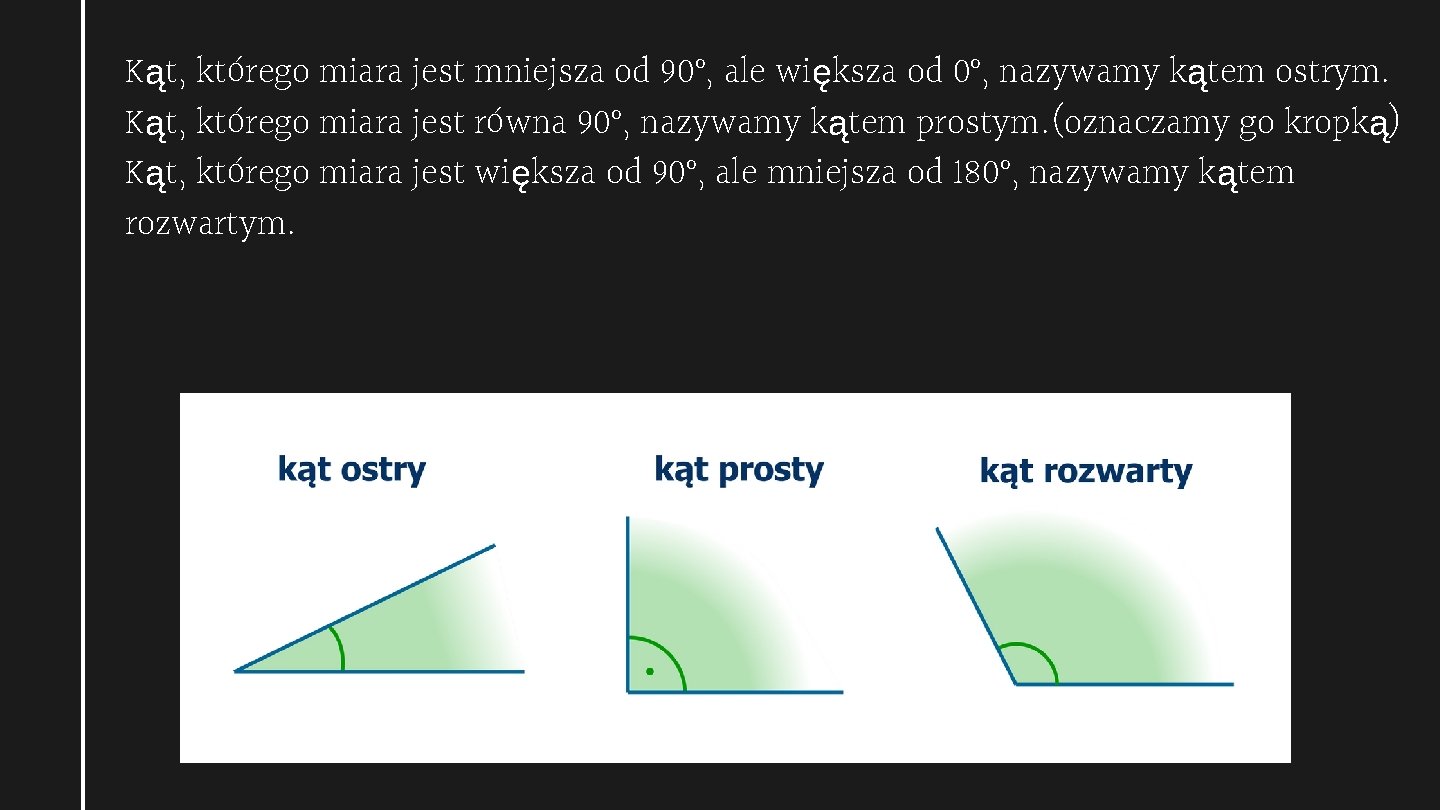 Kąt, którego miara jest mniejsza od 90°, ale większa od 0°, nazywamy kątem ostrym.