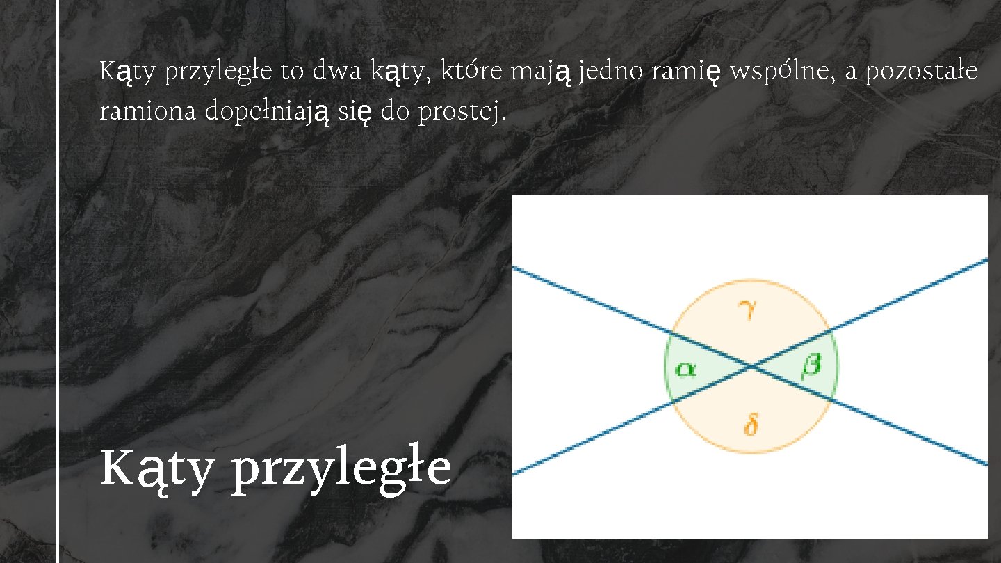 Kąty przyległe to dwa kąty, które mają jedno ramię wspólne, a pozostałe ramiona dopełniają