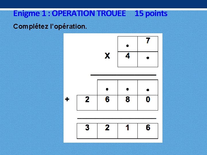 Enigme 1 : OPERATION TROUEE 15 points Complétez l’opération. 