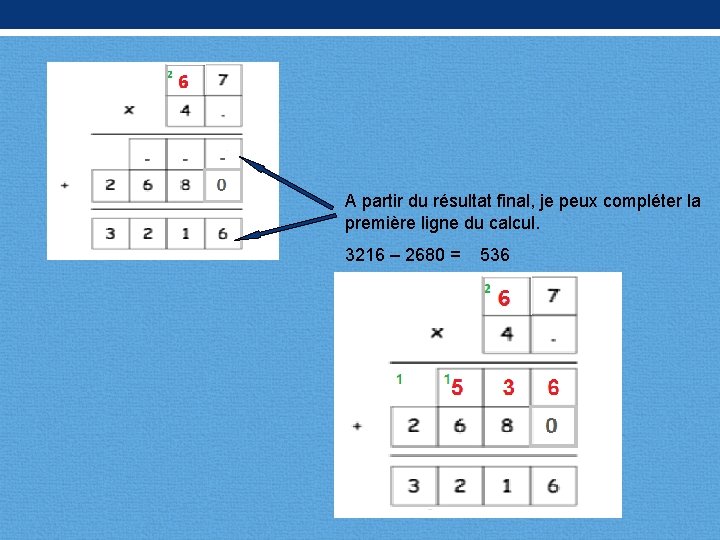 A partir du résultat final, je peux compléter la première ligne du calcul. 3216