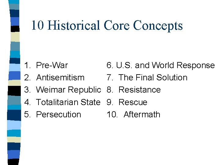 10 Historical Core Concepts 1. 2. 3. 4. 5. Pre-War Antisemitism Weimar Republic Totalitarian