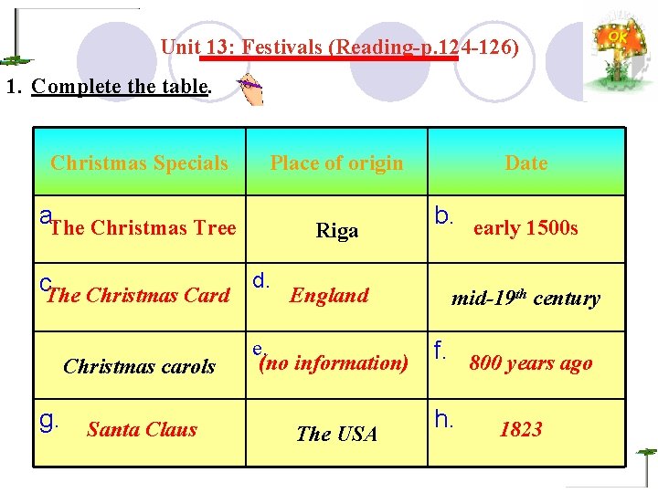 Unit 13: Festivals (Reading-p. 124 -126) 1. Complete the table. Christmas Specials Place of