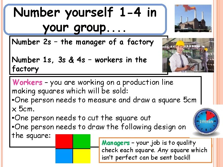 Number yourself 1 -4 in your group. . Number 2 s – the manager