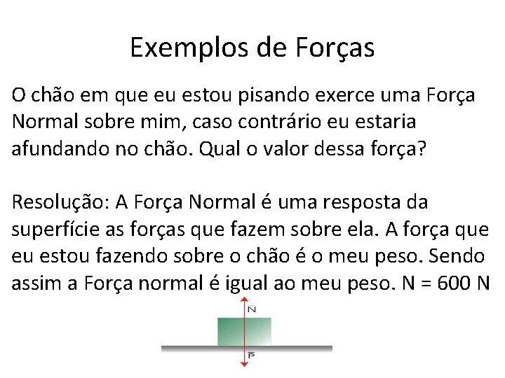 Exemplos de Forças O chão em que eu estou pisando exerce uma Força Normal