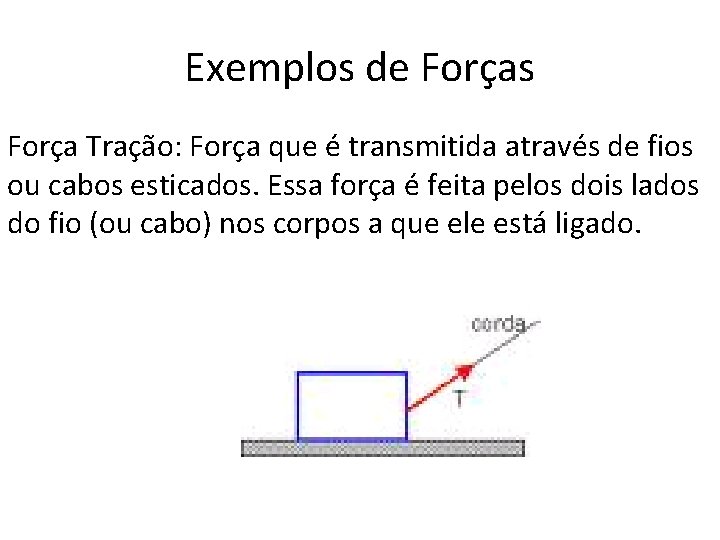 Exemplos de Forças Força Tração: Força que é transmitida através de fios ou cabos