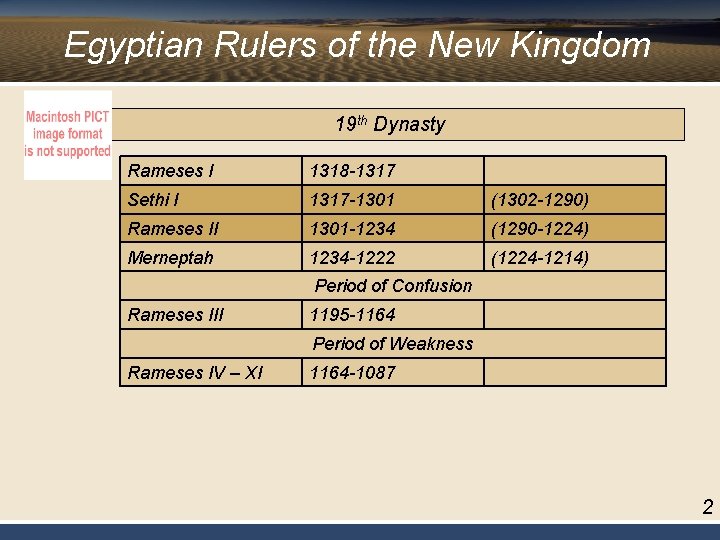 Egyptian Rulers of the New Kingdom 19 th Dynasty Rameses I 1318 -1317 Sethi