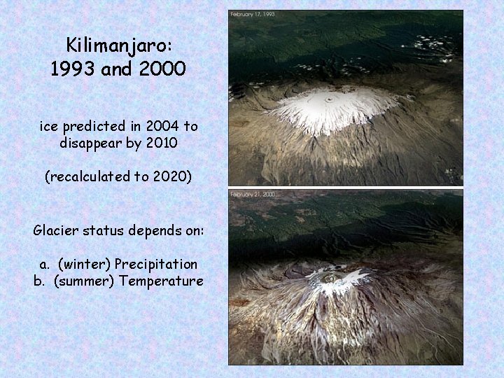 Kilimanjaro: 1993 and 2000 ice predicted in 2004 to disappear by 2010 (recalculated to