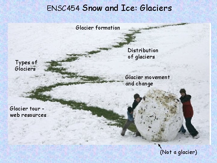 ENSC 454 Snow and Ice: Glaciers Glacier formation Types of Glaciers Distribution of glaciers