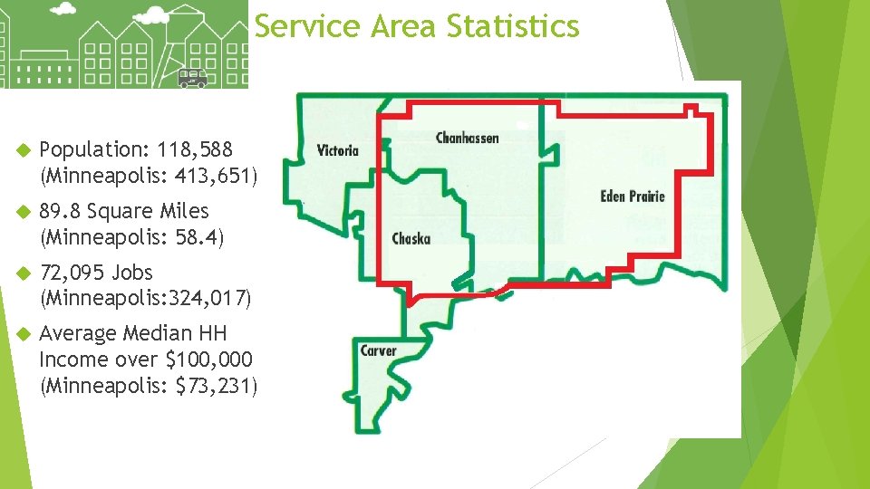 Service Area Statistics Population: 118, 588 (Minneapolis: 413, 651) 89. 8 Square Miles (Minneapolis: