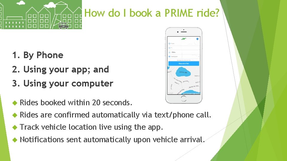 How do I book a PRIME ride? 1. By Phone 2. Using your app;