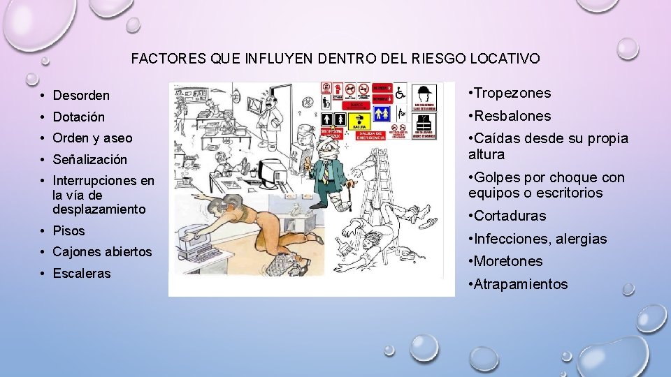 FACTORES QUE INFLUYEN DENTRO DEL RIESGO LOCATIVO • Desorden • Tropezones • Dotación •