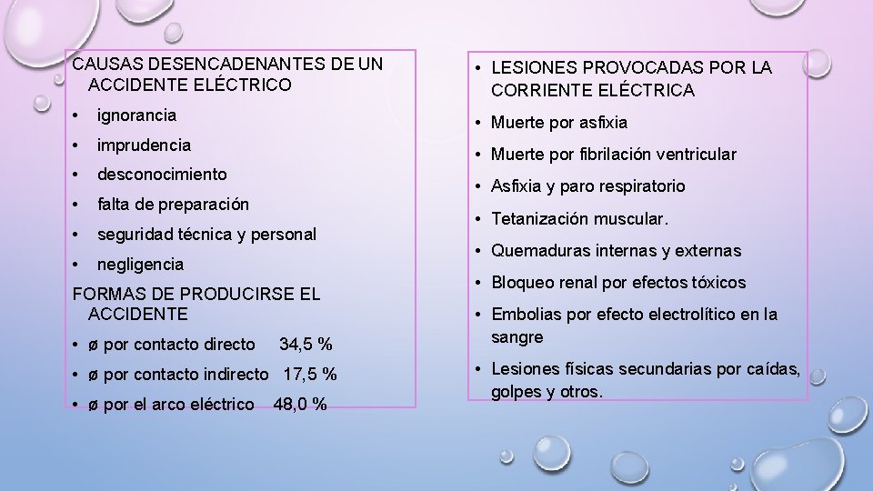 CAUSAS DESENCADENANTES DE UN ACCIDENTE ELÉCTRICO • LESIONES PROVOCADAS POR LA CORRIENTE ELÉCTRICA •