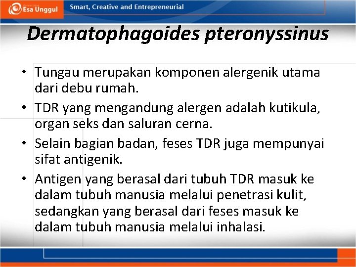 Dermatophagoides pteronyssinus • Tungau merupakan komponen alergenik utama dari debu rumah. • TDR yang