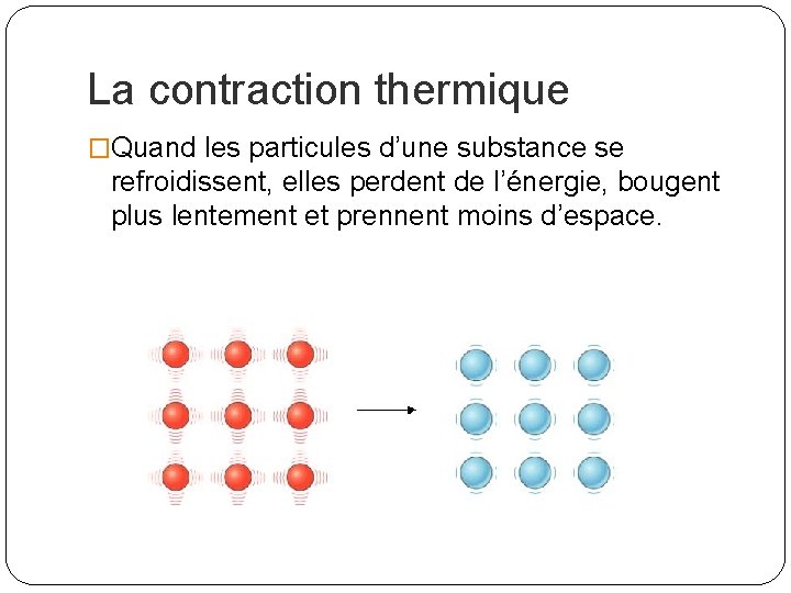 La contraction thermique �Quand les particules d’une substance se refroidissent, elles perdent de l’énergie,