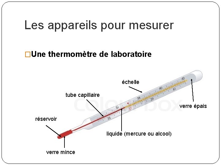 Les appareils pour mesurer �Une thermomètre de laboratoire échelle tube capillaire verre épais réservoir