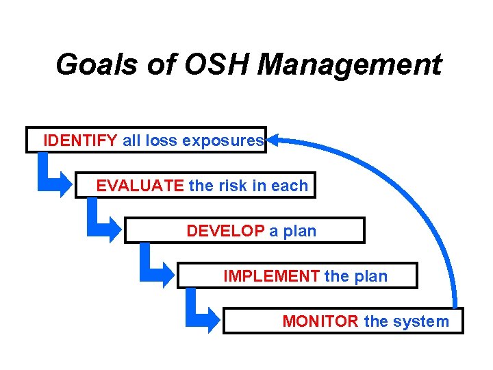 Goals of OSH Management IDENTIFY all loss exposures EVALUATE the risk in each DEVELOP