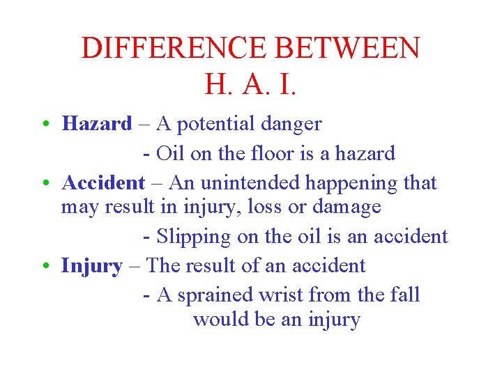 DIFFERENCE BETWEEN H. A. I. • Hazard – A potential danger - Oil on