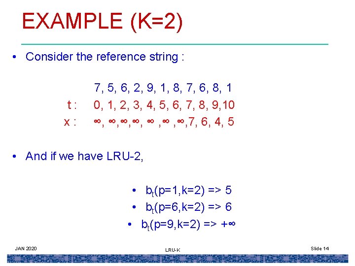 EXAMPLE (K=2) • Consider the reference string : t: x: 7, 5, 6, 2,
