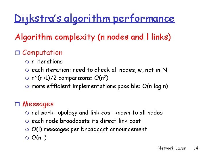 Dijkstra’s algorithm performance Algorithm complexity (n nodes and l links) r Computation m n