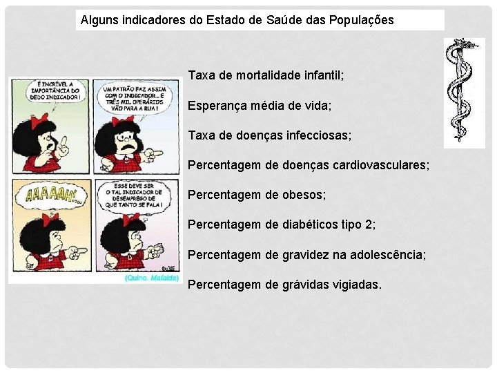 Alguns indicadores do Estado de Saúde das Populações Taxa de mortalidade infantil; Esperança média