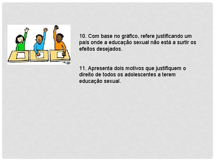 10. Com base no gráfico, refere justificando um país onde a educação sexual não