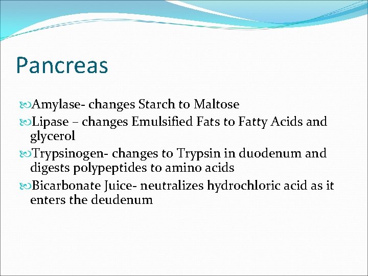 Pancreas Amylase- changes Starch to Maltose Lipase – changes Emulsified Fats to Fatty Acids