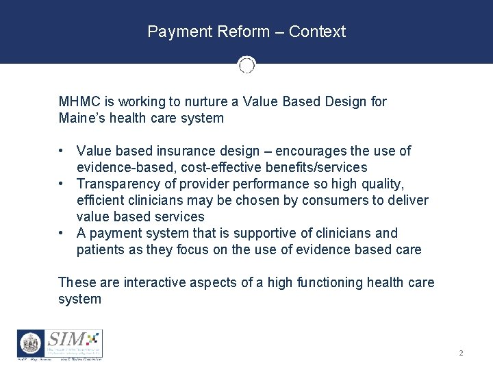 Payment Reform – Context MHMC is working to nurture a Value Based Design for