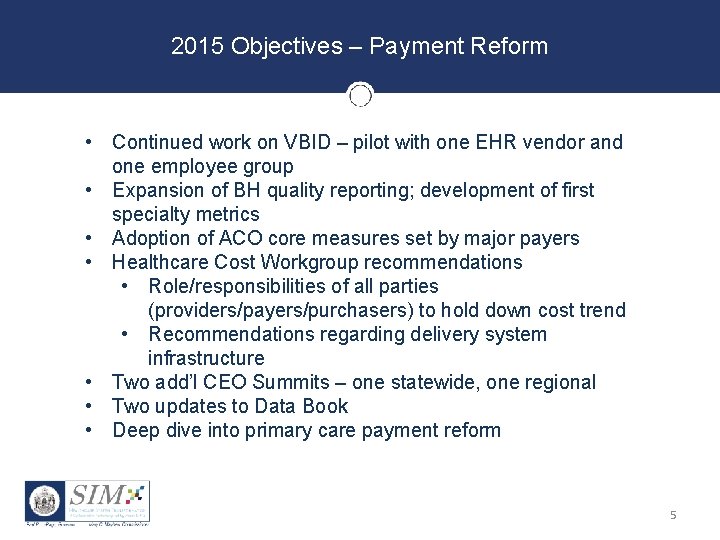2015 Objectives – Payment Reform • Continued work on VBID – pilot with one