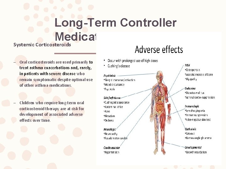 Long-Term Controller Medications Systemic Corticosteroids – Oral corticosteroids are used primarily to treat asthma
