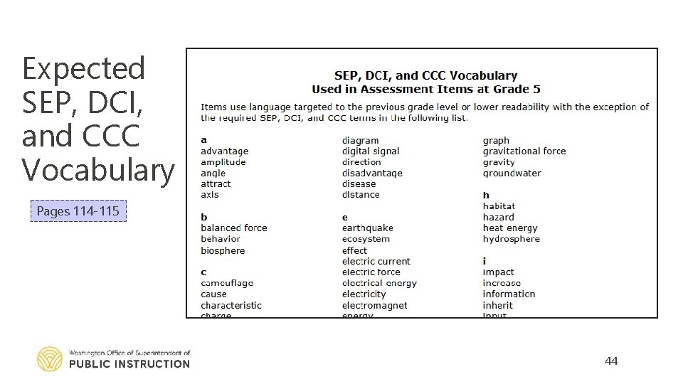 Expected SEP, DCI, and CCC Vocabulary Pages 114 -115 44 