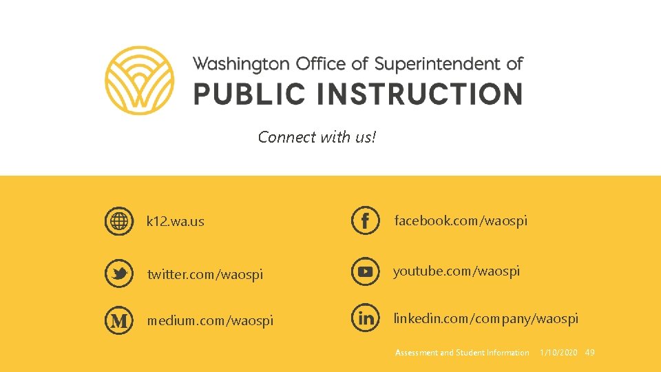 Connect with us! k 12. wa. us facebook. com/waospi twitter. com/waospi youtube. com/waospi medium.