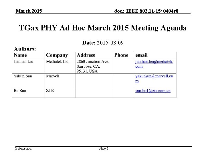 March 2015 doc. : IEEE 802. 11 -15/ 0404 r 0 TGax PHY Ad